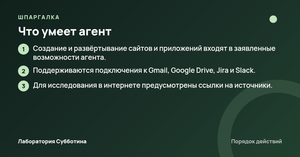Шпаргалка: Что умеет агент