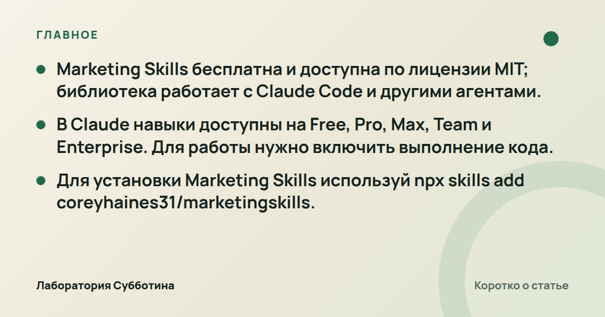 Главное из статьи: Бесплатные скиллы для маркетолога: как установить их в Claude