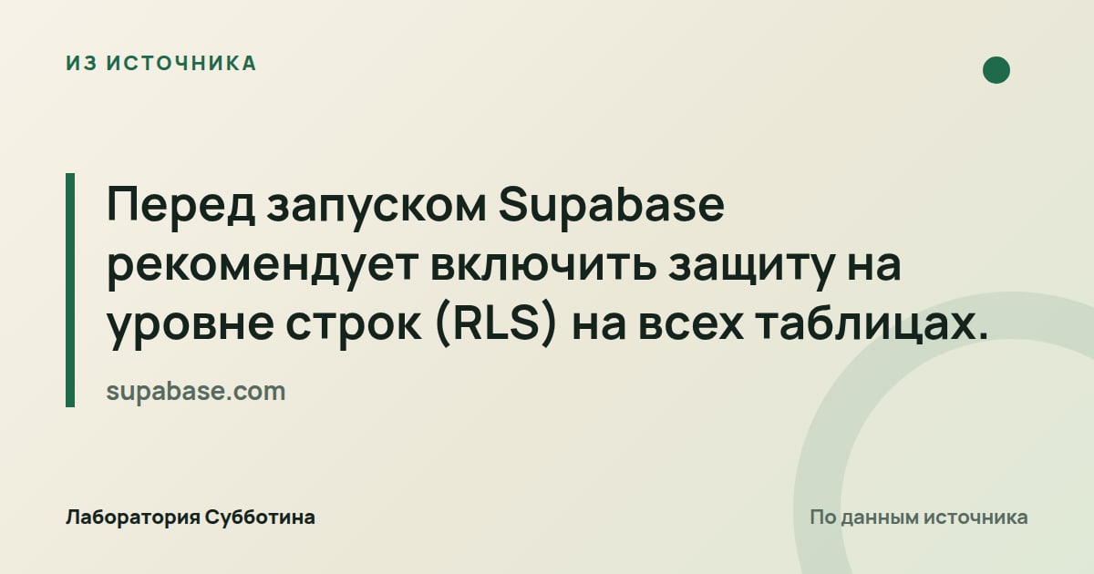 Из источника supabase.com: Перед запуском Supabase рекомендует включить защиту на уровне строк (RLS) на всех таблицах.