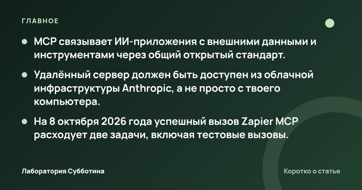 Главное из статьи: Что такое MCP простыми словами и как подключить его к Claude
