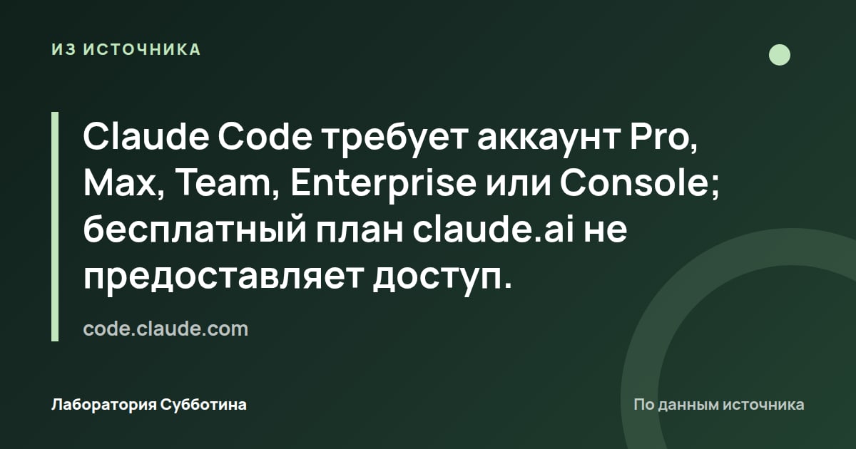 Из источника code.claude.com: Claude Code требует аккаунт Pro, Max, Team, Enterprise или Console; бесплатный план claude.ai не предоставляет доступ.