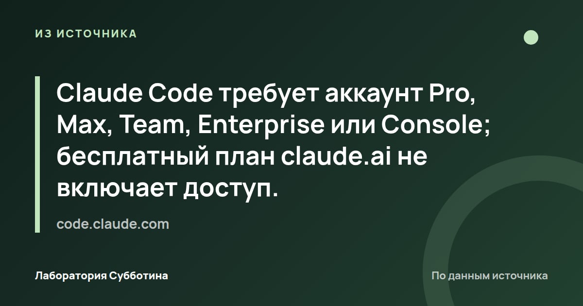 Из источника code.claude.com: Claude Code требует аккаунт Pro, Max, Team, Enterprise или Console; бесплатный план claude.ai не включает доступ.