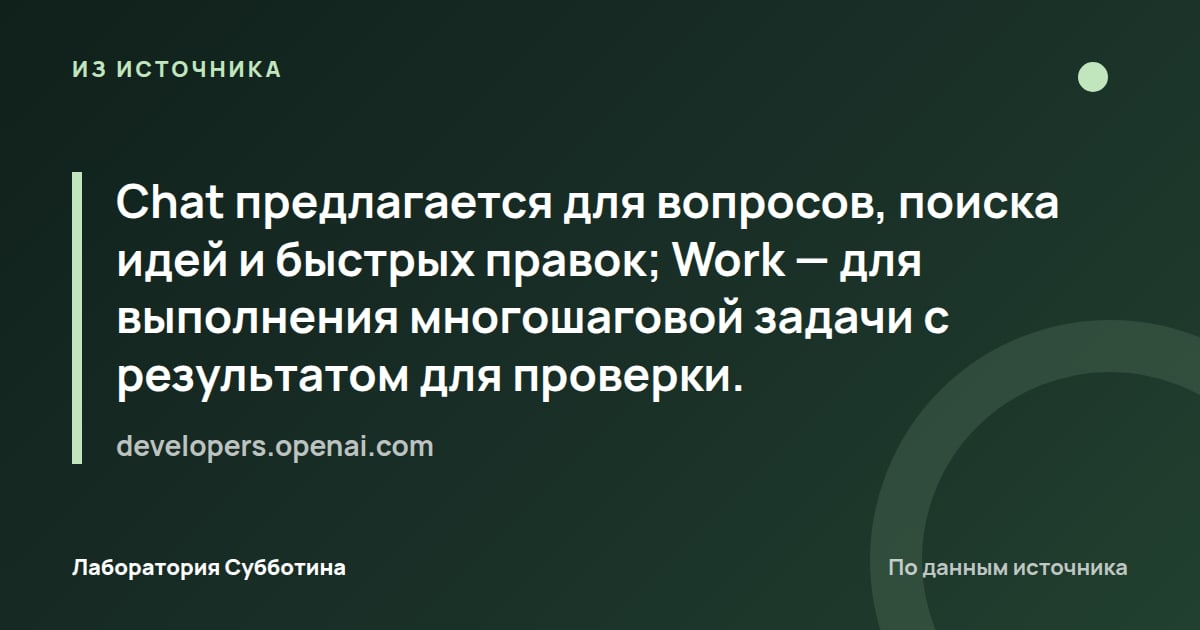 Из источника developers.openai.com: Chat предлагается для вопросов, поиска идей и быстрых правок; Work — для выполнения многошаговой задачи с результатом…