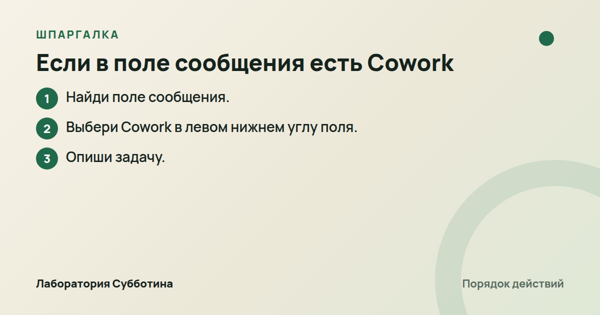 Шпаргалка: Если в поле сообщения есть Cowork