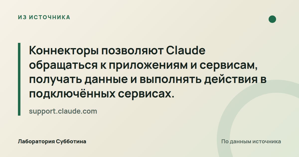 Из источника support.claude.com: Коннекторы позволяют Claude обращаться к приложениям и сервисам, получать данные и выполнять действия в подключённых…