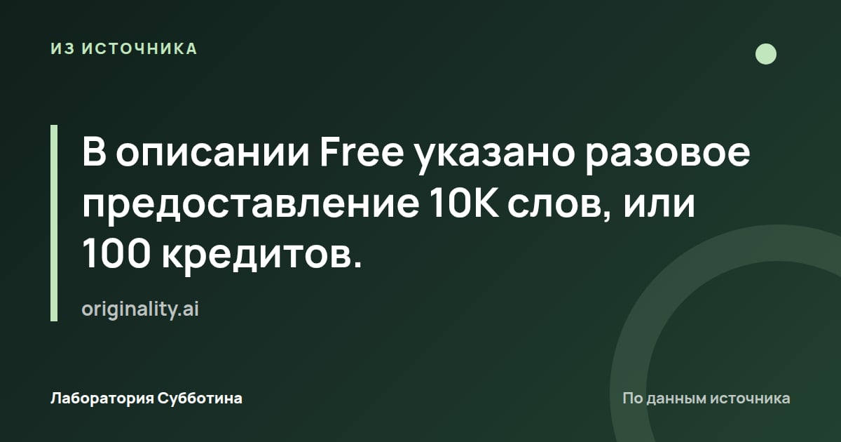 Из источника originality.ai: В описании Free указано разовое предоставление 10K слов, или 100 кредитов.