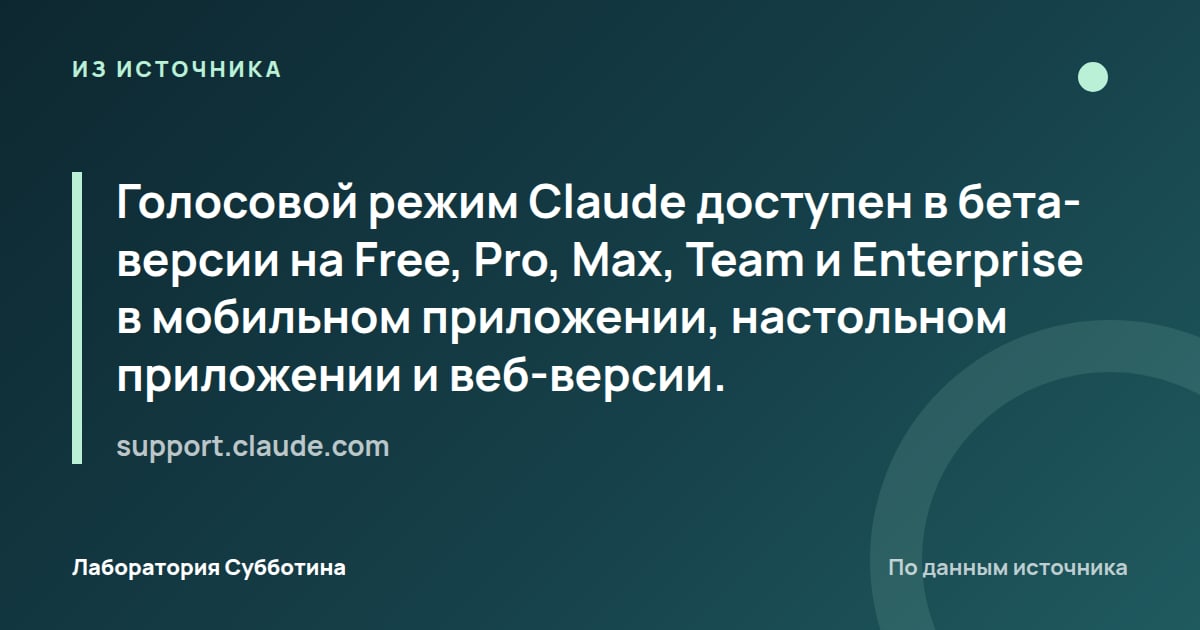 Из источника support.claude.com: Голосовой режим Claude доступен в бета-версии на Free, Pro, Max, Team и Enterprise в мобильном приложении, настольном…