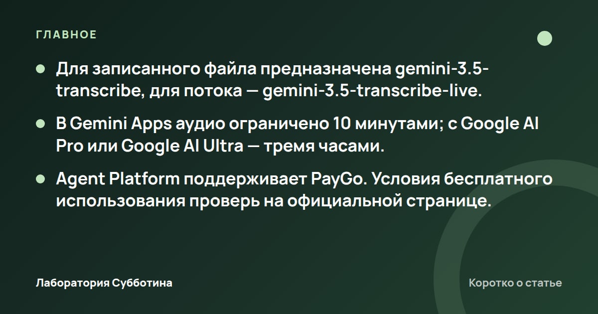 Главное из статьи: Gemini 3.5 Transcribe: как расшифровать аудио и проверить условия