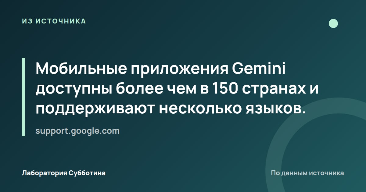 Из источника support.google.com: Мобильные приложения Gemini доступны более чем в 150 странах и поддерживают несколько языков.