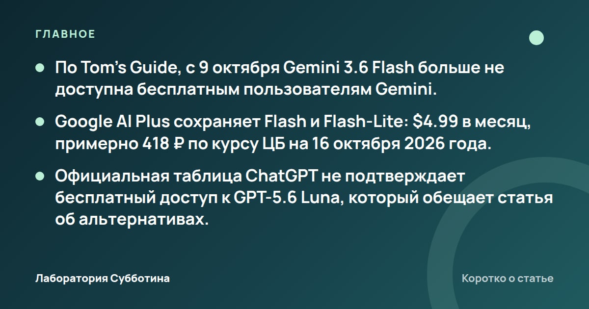 Главное из статьи: Gemini 3.6 Flash из России в 2026: доступ, подключение и сравнение с ChatGPT
