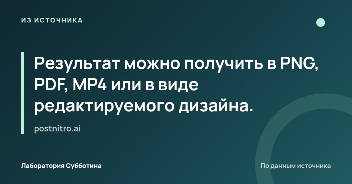 Из источника postnitro.ai: Результат можно получить в PNG, PDF, MP4 или в виде редактируемого дизайна.