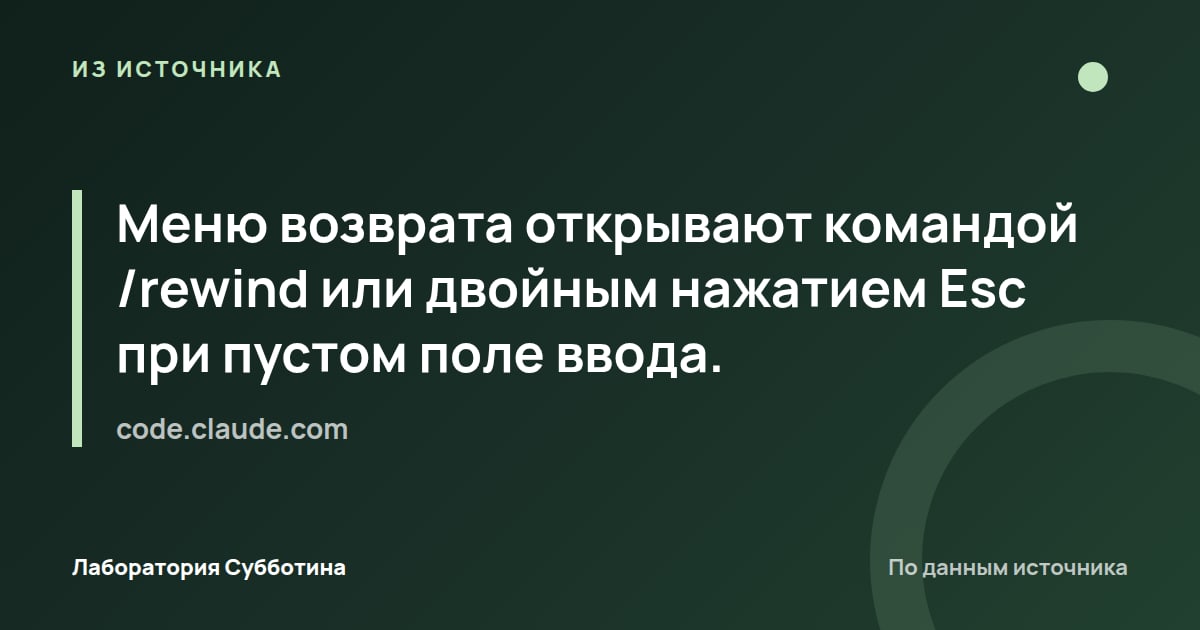 Из источника code.claude.com: Меню возврата открывают командой /rewind или двойным нажатием Esc при пустом поле ввода.