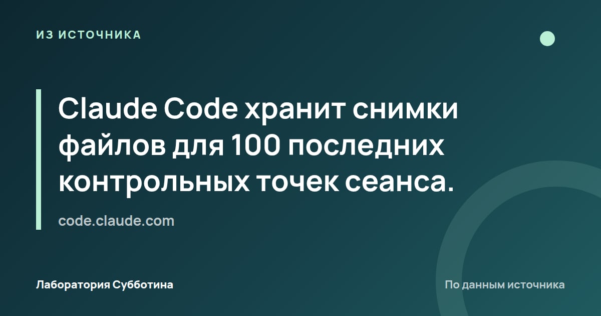 Из источника code.claude.com: Claude Code хранит снимки файлов для 100 последних контрольных точек сеанса.