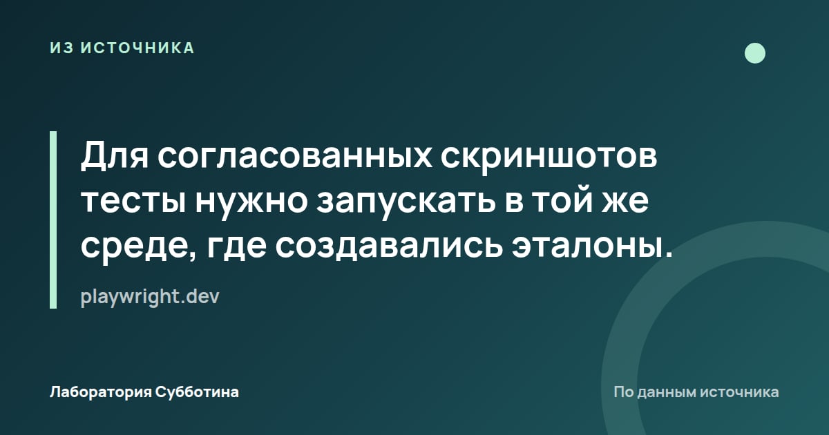 Из источника playwright.dev: Для согласованных скриншотов тесты нужно запускать в той же среде, где создавались эталоны.