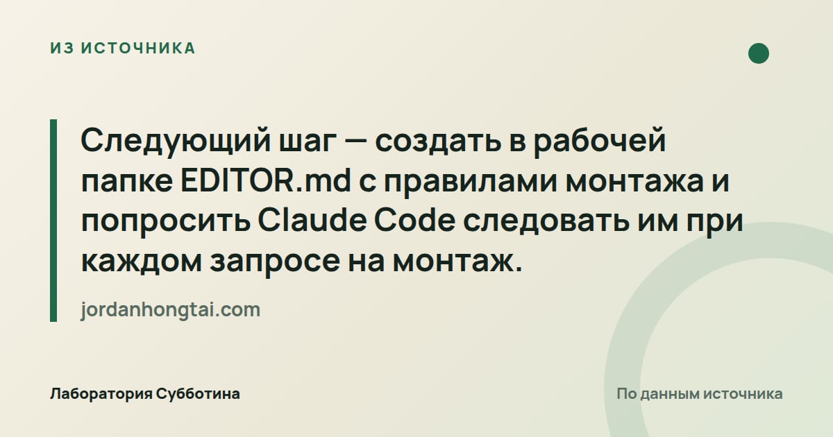 Из источника jordanhongtai.com: Следующий шаг — создать в рабочей папке EDITOR.md с правилами монтажа и попросить Claude Code следовать им при каждом…