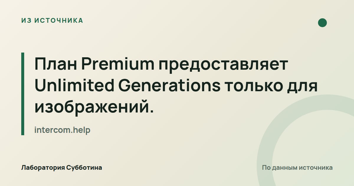 Из источника intercom.help: План Premium предоставляет Unlimited Generations только для изображений.