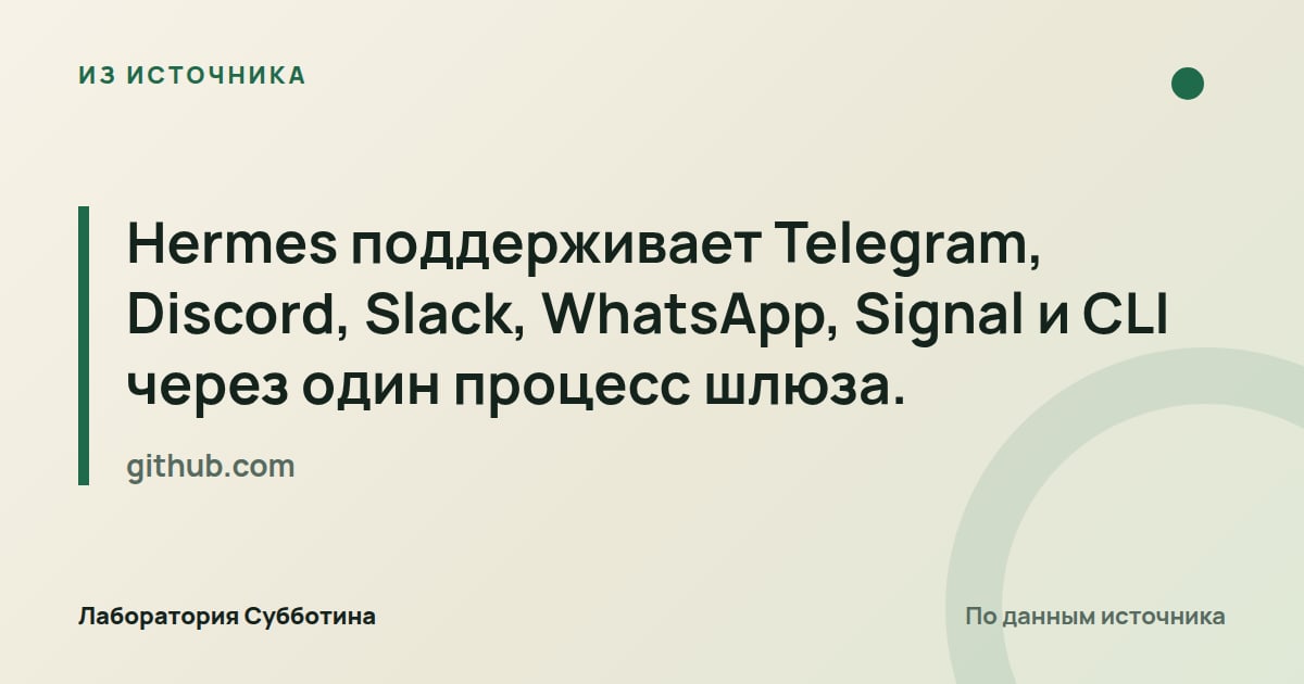 Из источника github.com: Hermes поддерживает Telegram, Discord, Slack, WhatsApp, Signal и CLI через один процесс шлюза.