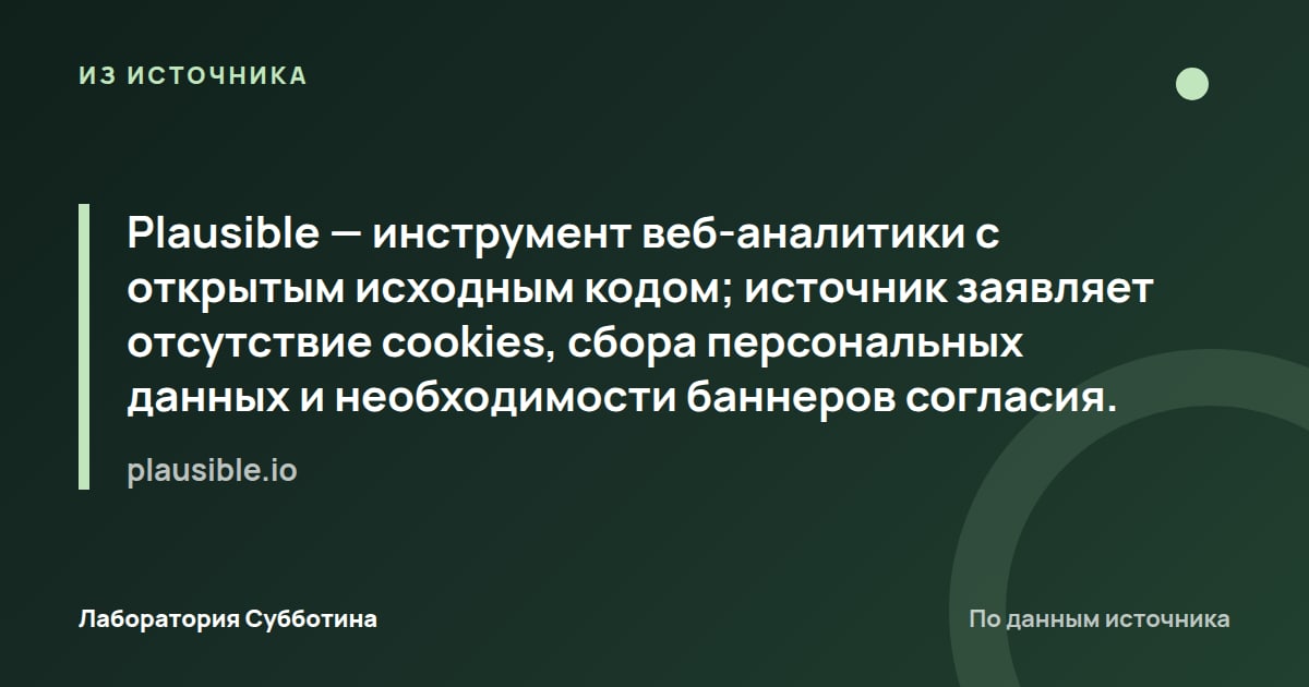 Из источника plausible.io: Plausible — инструмент веб-аналитики с открытым исходным кодом; источник заявляет отсутствие cookies, сбора…