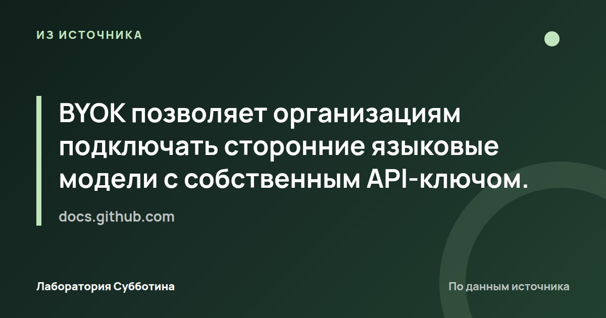 Из источника docs.github.com: BYOK позволяет организациям подключать сторонние языковые модели с собственным API-ключом.