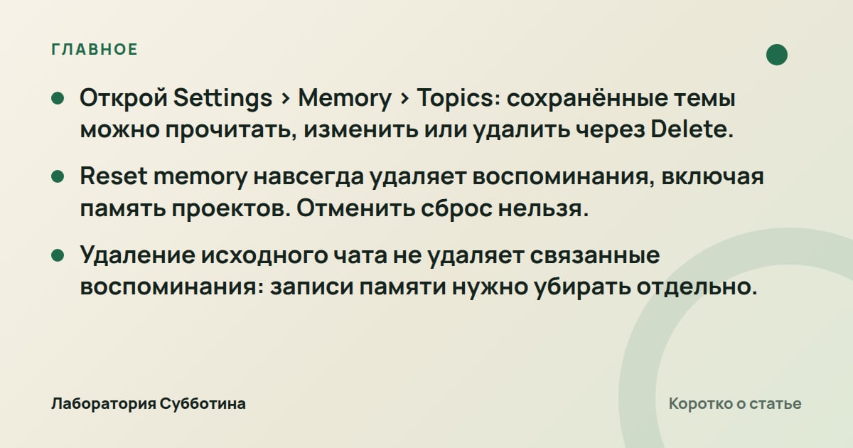 Главное из статьи: Память Claude в 2026 году: как посмотреть и стереть сведения о себе