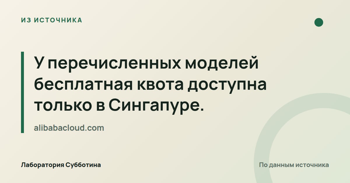 Из источника alibabacloud.com: У перечисленных моделей бесплатная квота доступна только в Сингапуре.