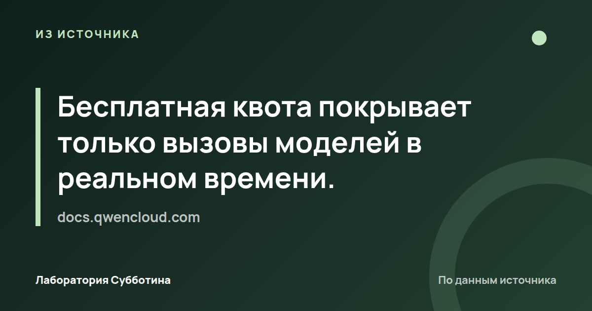 Из источника docs.qwencloud.com: Бесплатная квота покрывает только вызовы моделей в реальном времени.