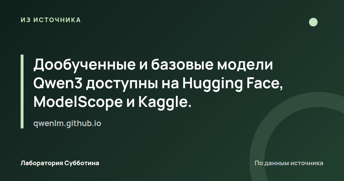 Из источника qwenlm.github.io: Дообученные и базовые модели Qwen3 доступны на Hugging Face, ModelScope и Kaggle.