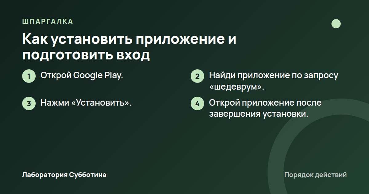 Шпаргалка: Как установить приложение и подготовить вход