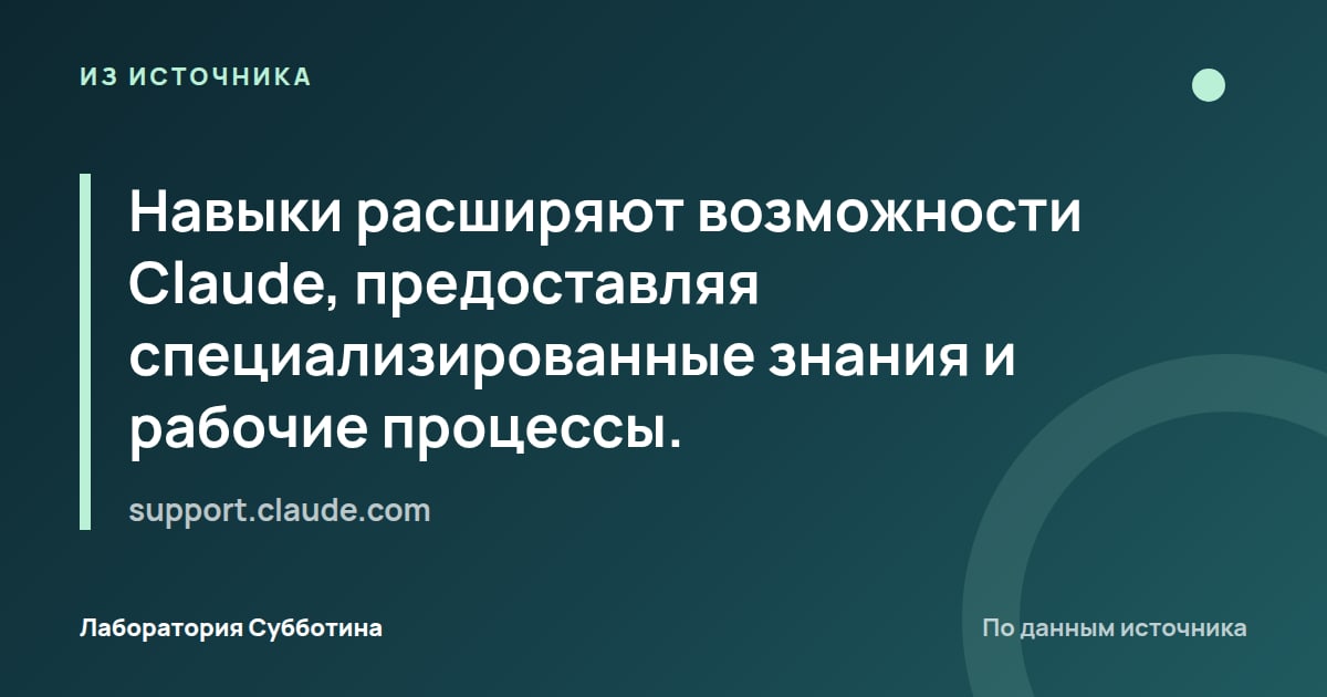 Из источника support.claude.com: Навыки расширяют возможности Claude, предоставляя специализированные знания и рабочие процессы.