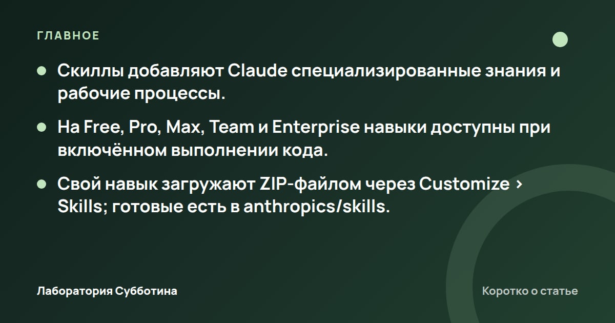 Главное из статьи: Скиллы Claude: что это, как установить и где брать в 2026 году
