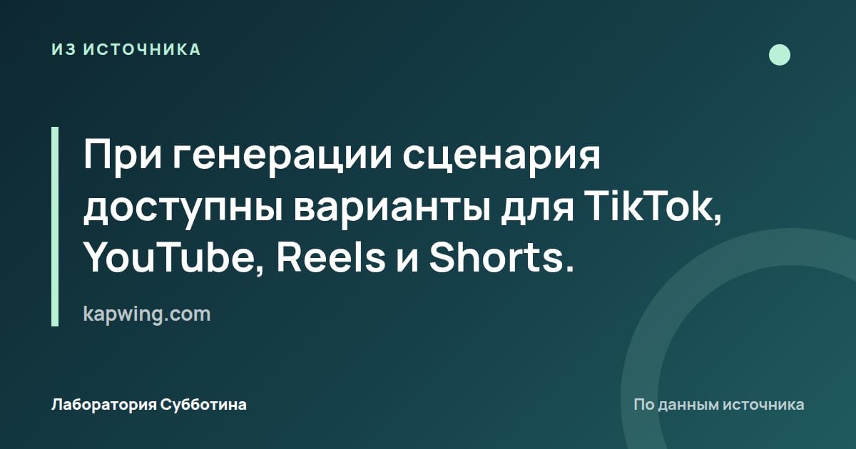 Из источника kapwing.com: При генерации сценария доступны варианты для TikTok, YouTube, Reels и Shorts.