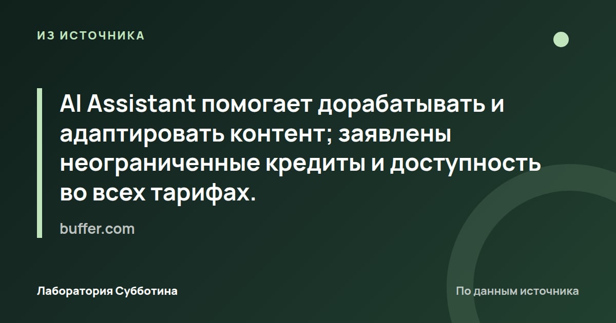 Из источника buffer.com: AI Assistant помогает дорабатывать и адаптировать контент; заявлены неограниченные кредиты и доступность во всех…