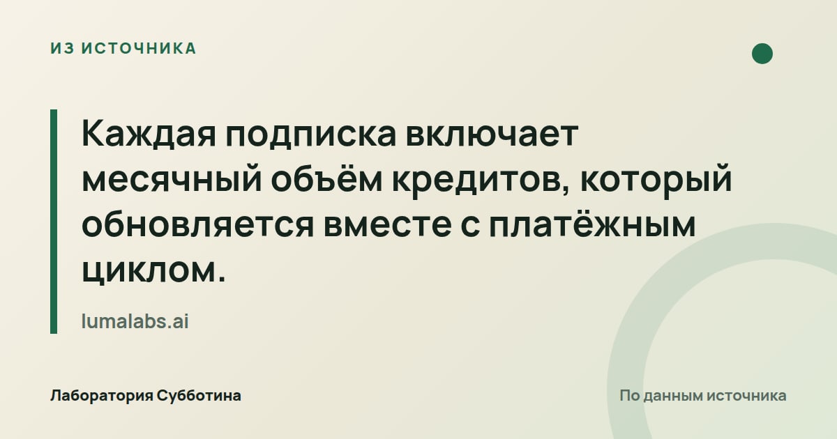 Из источника lumalabs.ai: Каждая подписка включает месячный объём кредитов, который обновляется вместе с платёжным циклом.