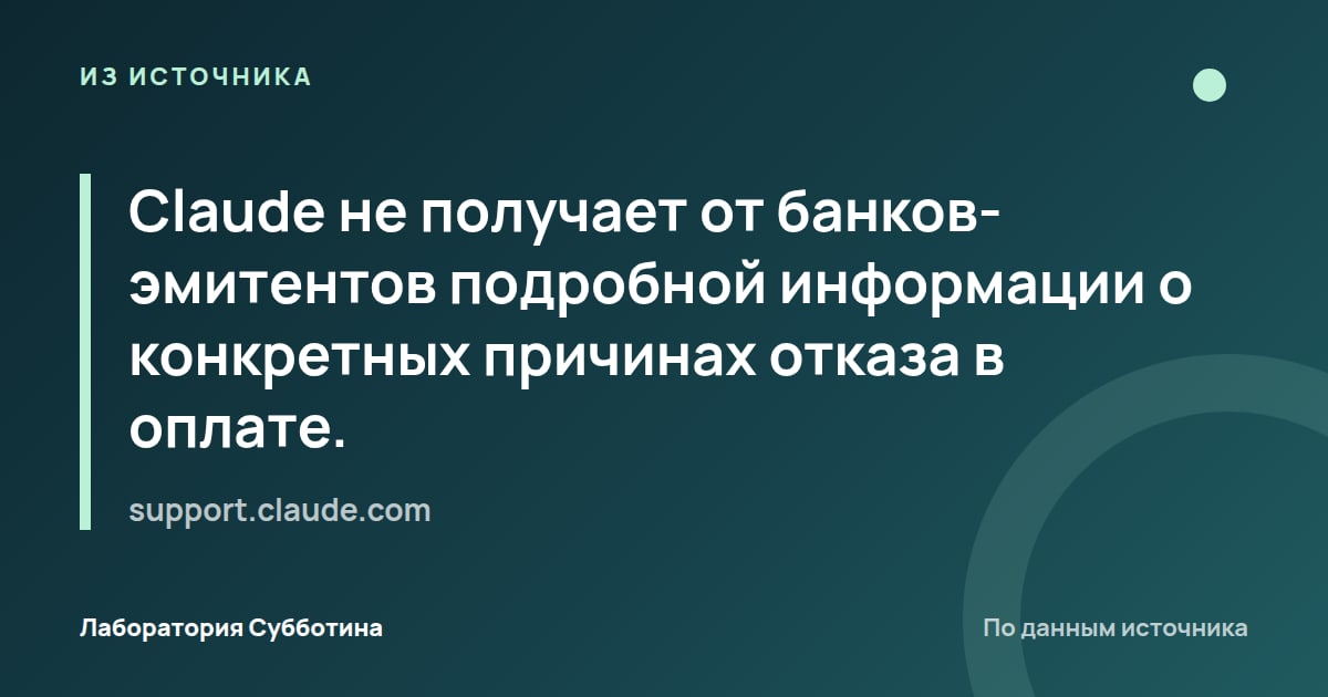 Из источника support.claude.com: Claude не получает от банков-эмитентов подробной информации о конкретных причинах отказа в оплате.