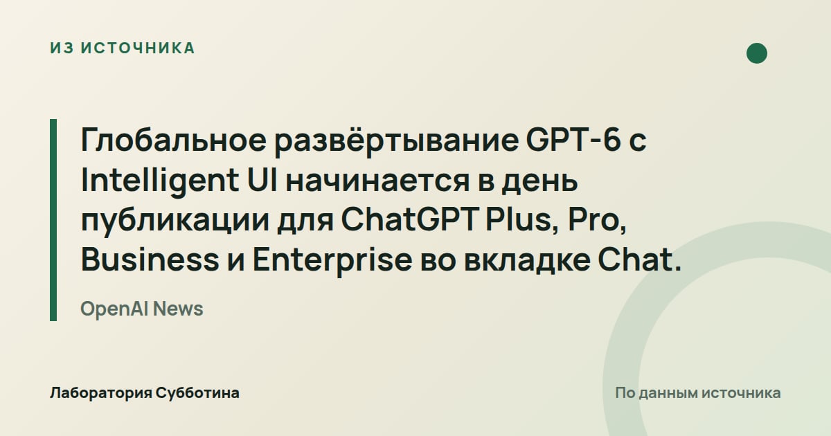 Из источника OpenAI News: Глобальное развёртывание GPT‑6 с Intelligent UI начинается в день публикации для ChatGPT Plus, Pro, Business и…
