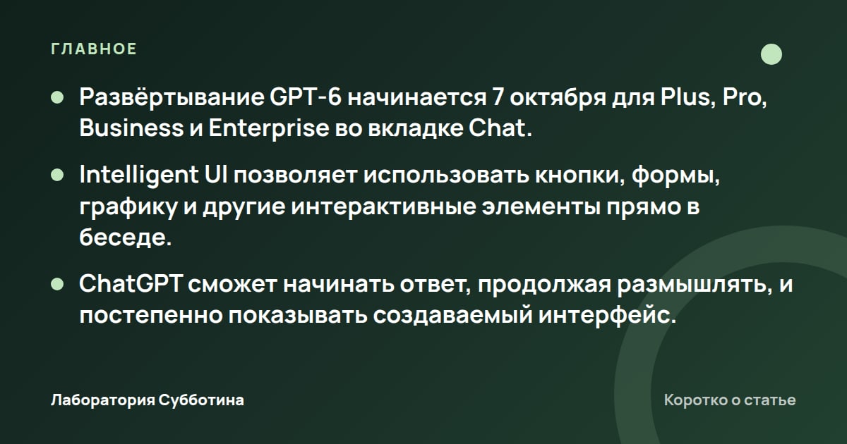 Главное из статьи: OpenAI запускает GPT‑6 с интерактивными ответами в ChatGPT